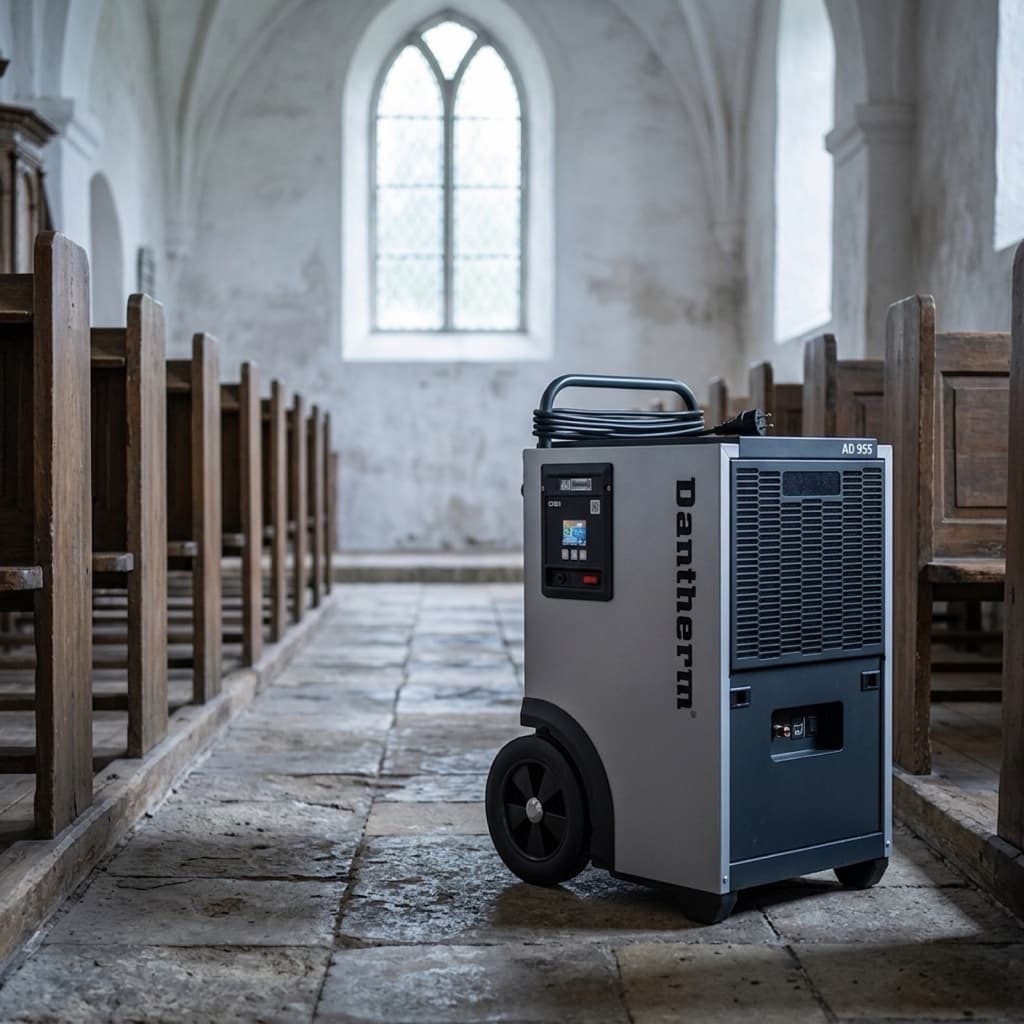 Mobil Dantherm affugter placeret i skibet i en dansk landsbykirke