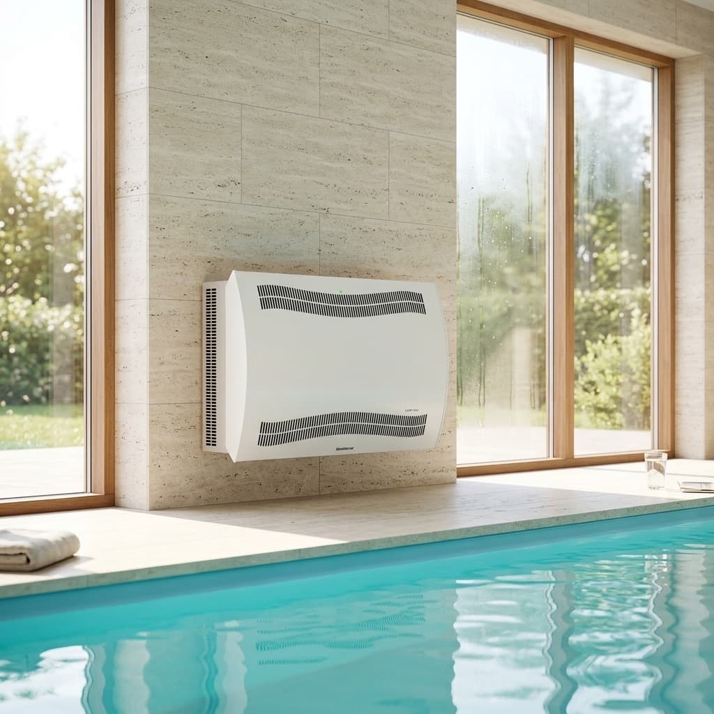 Dantherm CDP poolaffugter monteret på væggen i et privat indendørs poolrum