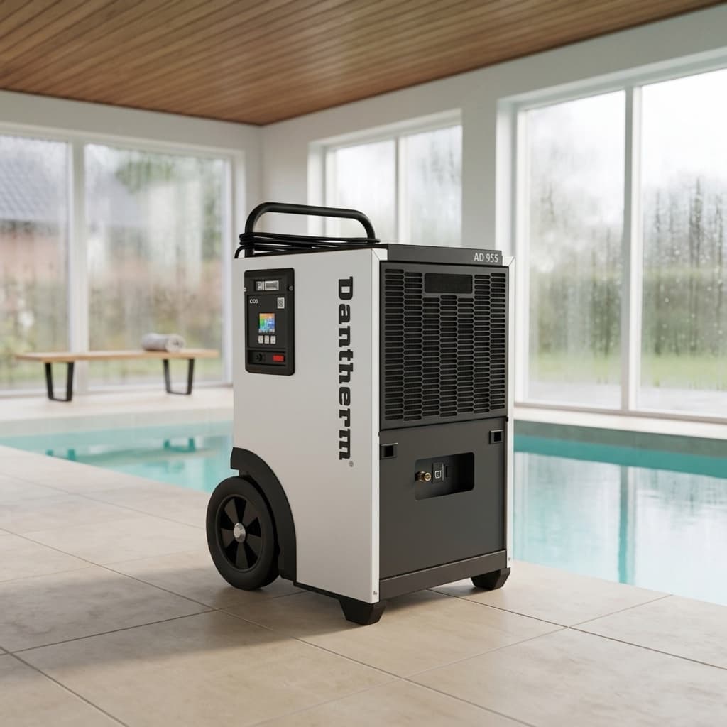 Dantherm CDP poolaffugter monteret på væggen i et privat indendørs poolrum