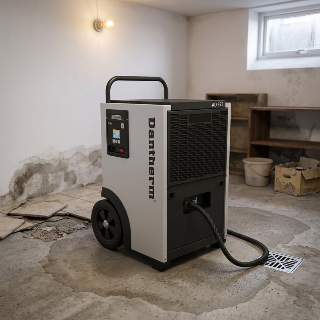 Dantherm AD 975 mobil affugter under udtørring af en vandskadet stue